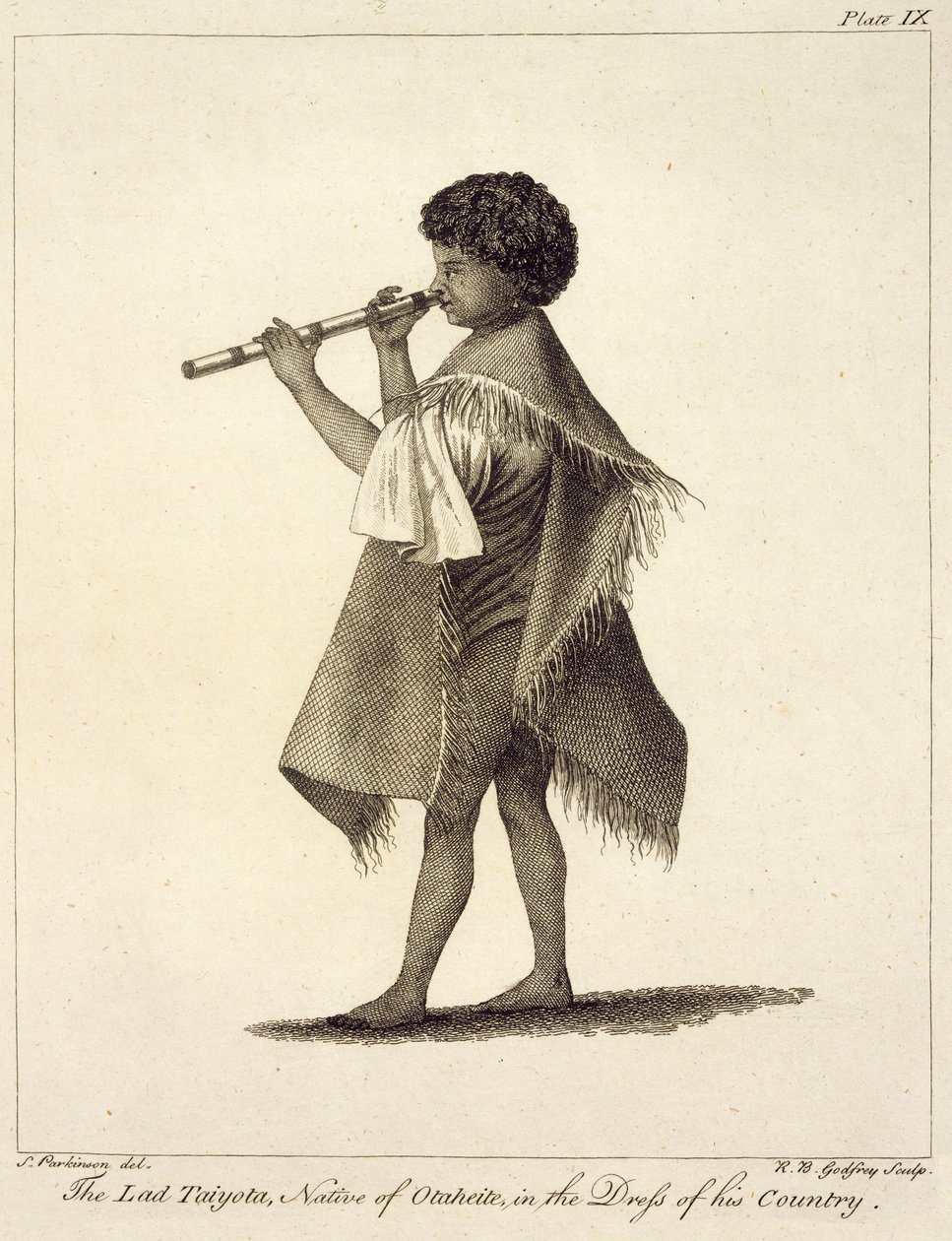The Lad Taiyota, Native of Otaheite, in the Dress of his Country, gravert av RB Godfrey, plate 9 fra 'Journal of a Voyage to the South Seas', pub. 1823 av Sydney Parkinson