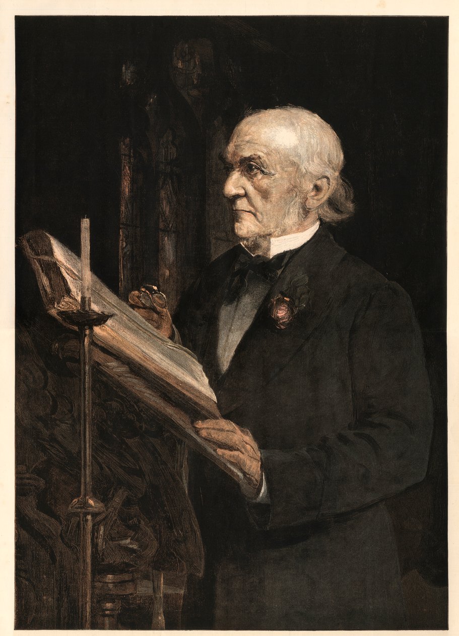 William Ewart Gladstone (1809-1898) engelsk statsmann, leser leksjonen i Hawarden Church. av Sydney Prior after Hall