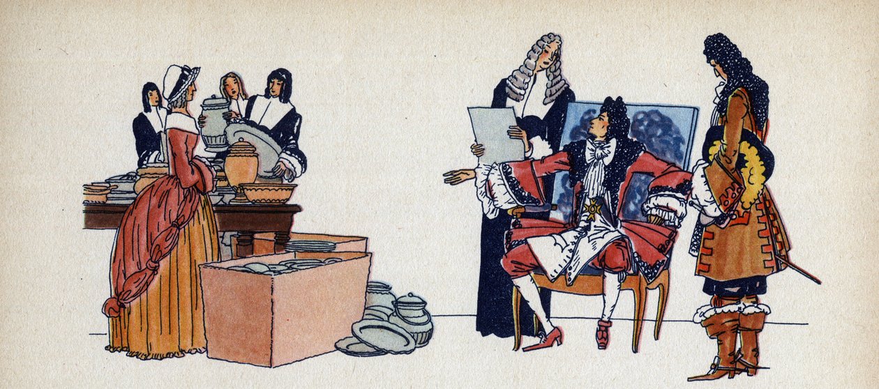 Louis XIV sendt for å støpe sitt gyldne servise - Illustrasjon av Sylvain Sauvage (1888-1948) for boken "Louis XIV" av Frantz Funck-Brentano (1862-1947) fra 1938. Forsiktig! Bruk av dette verket kan være underlagt av Sylvain Sauvage