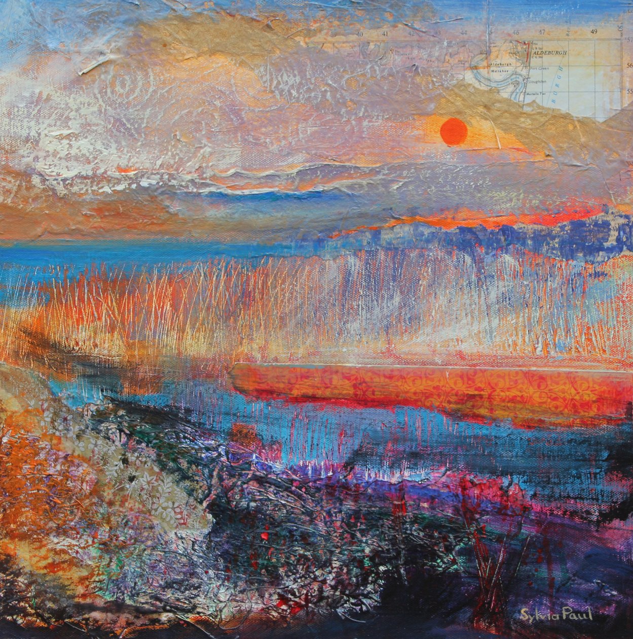 Marsh Sunset 2013, akrylpapircollage av Sylvia Paul