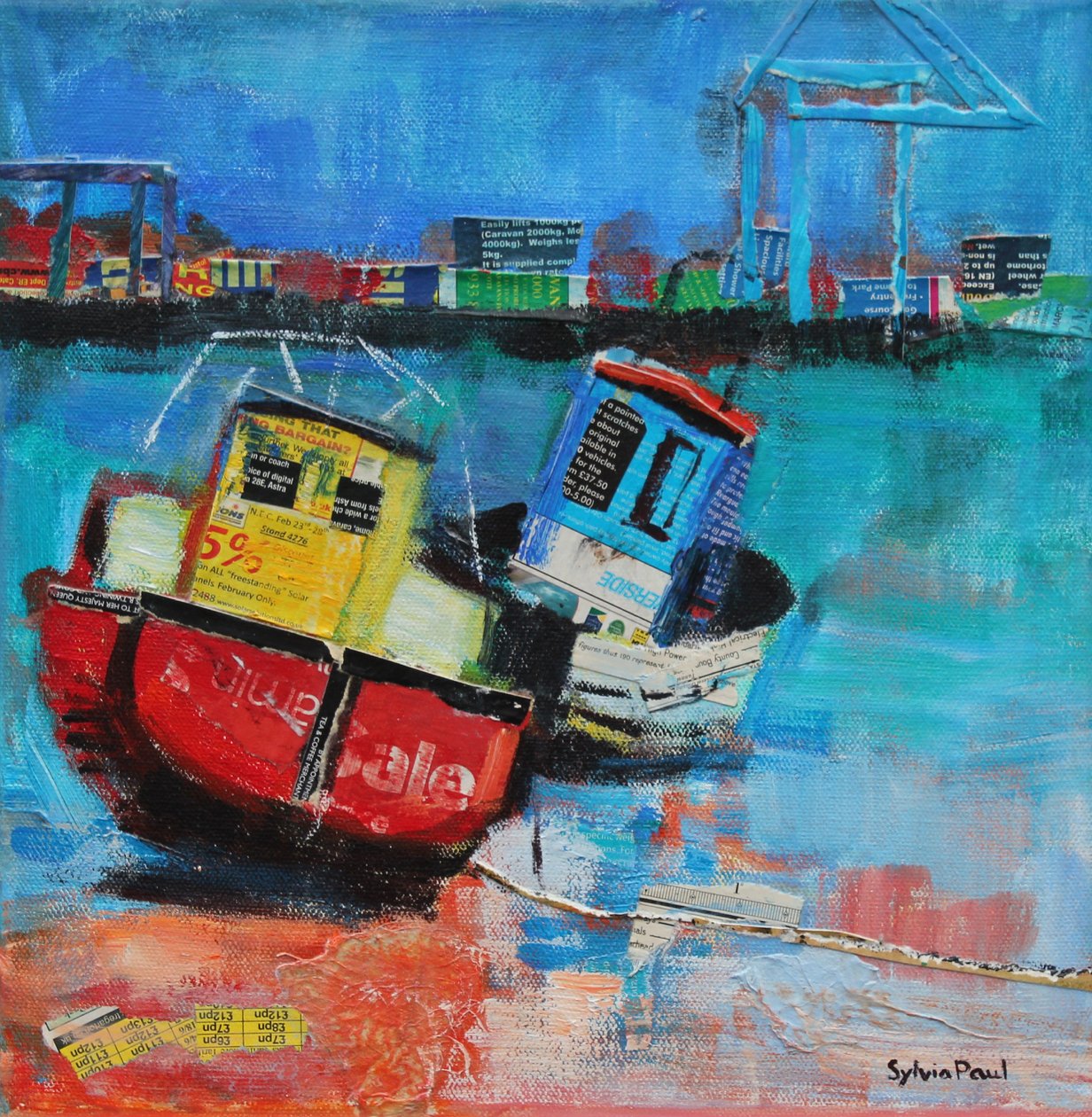 Two Jolly Fishing Boats 2012, collage i akrylpapir av Sylvia Paul