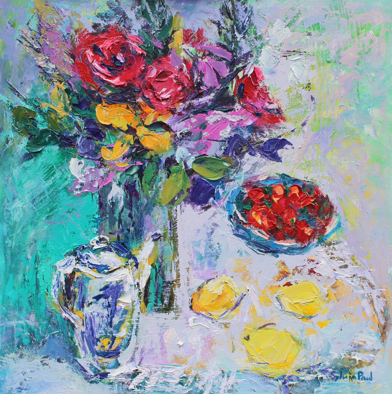 Jordbær med blomster av Sylvia Paul