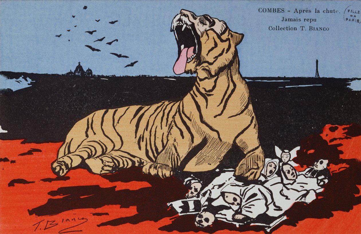 Karikatur av Justin-Louis-Emile Combes (1835-1921) som en tiger som spiser geistlige, omslag til 