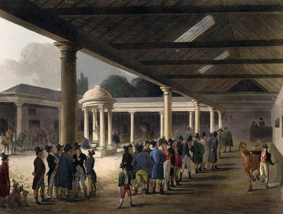 Tattersalls Horse Repository fra Ackermanns Microcosm of London av T. and Pugin Rowlandson