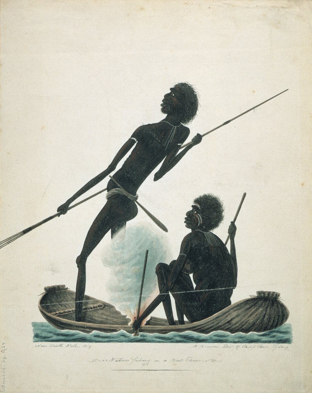 Innfødte som fisker i en barkkano, 1819 av T.R. Browne