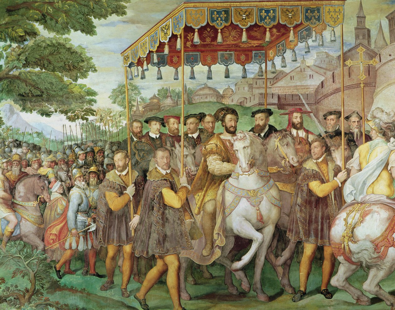 Den høytidelige inngangen til keiser Charles V (1500-58), Frans I (1494-1547) og Alessandro Farnese (1546-92) til Paris i 1540, fra 