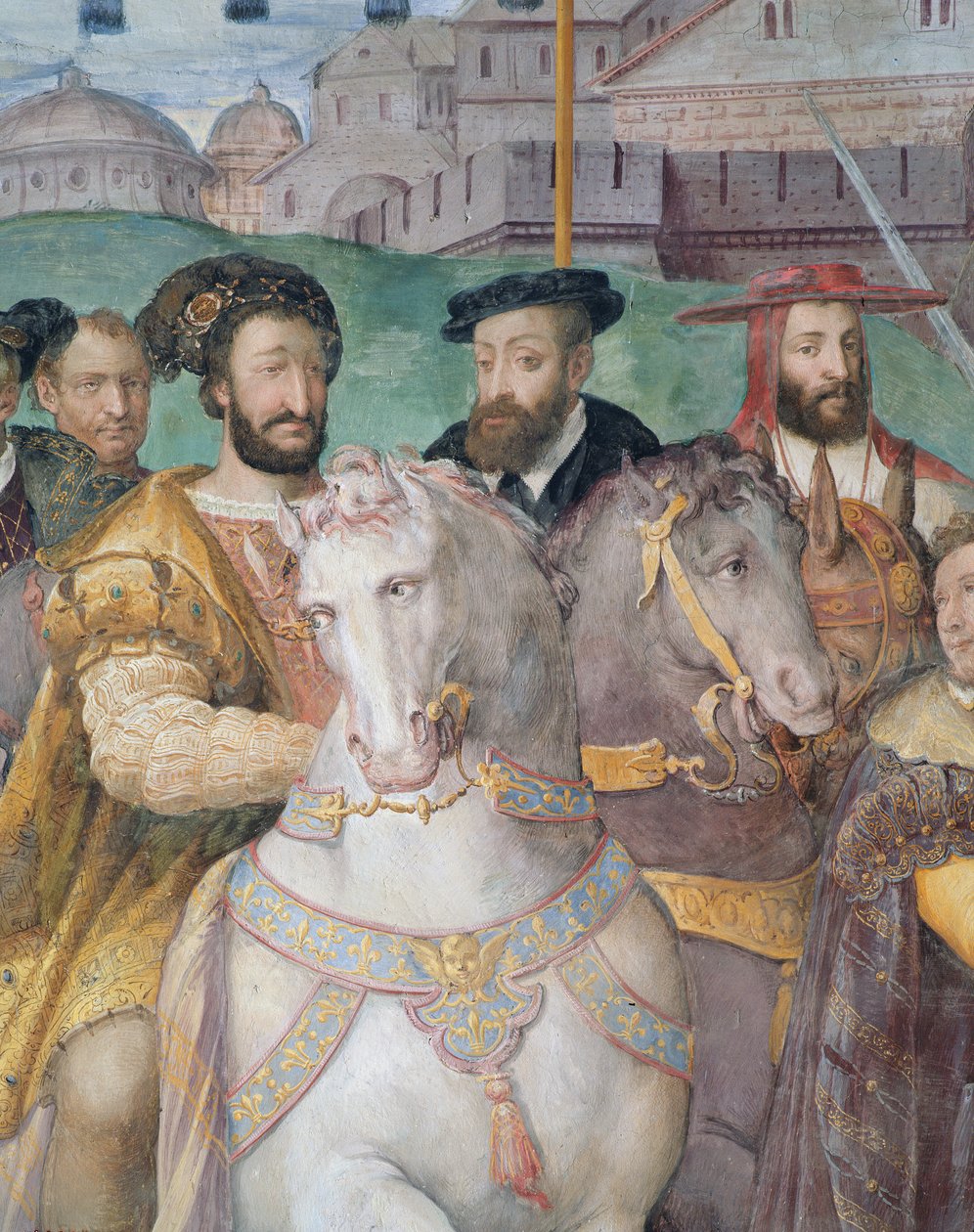 Detalj av den høytidelige inngangen til keiser Charles V, Francis I og Alessandro Farnese til Paris i 1540, fra Sala dei Fasti Farnese, 1557-66 av Taddeo Zuccari