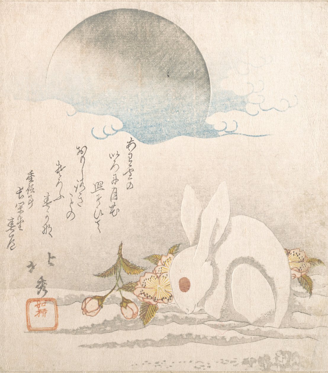 Måne, hvit hare i snø, sannsynligvis 1819. av Taisosai Hokushu