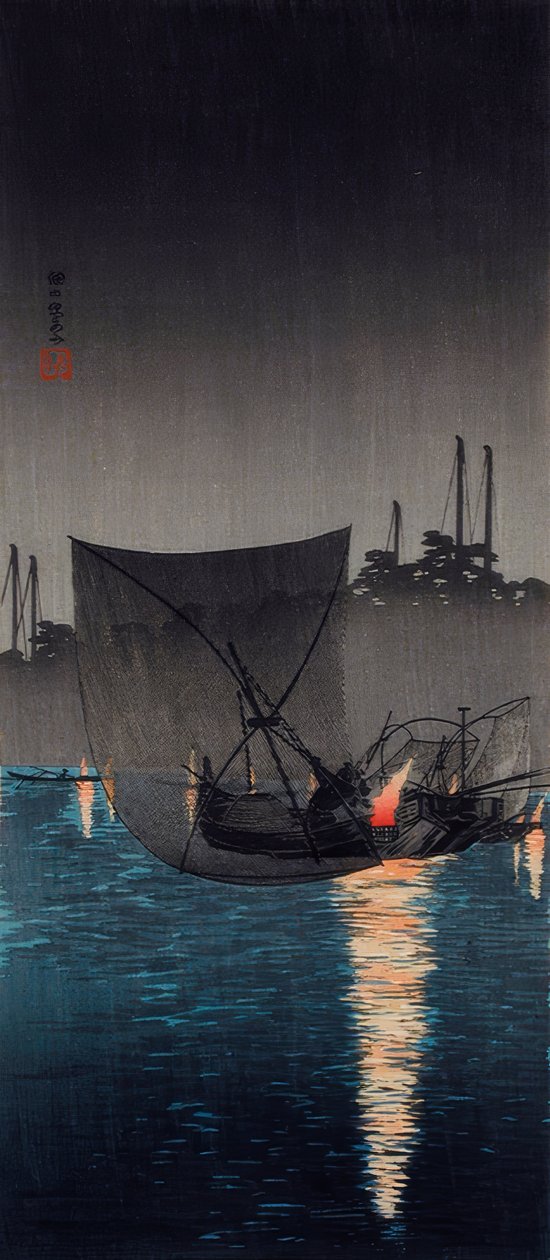 Tsukuda Island, fiskegarn om natten av Takahashi Hiroaki