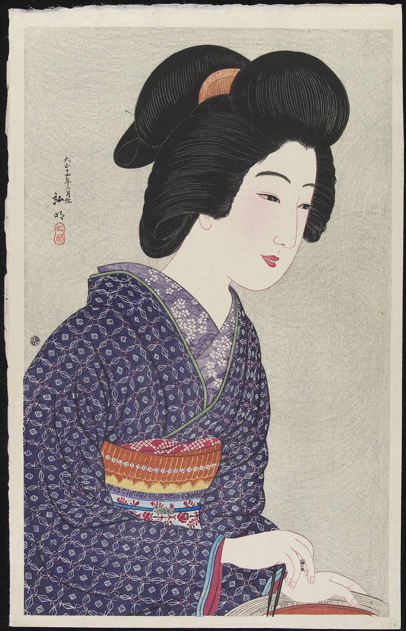 Kvinne som sitter ved en brenner, februar 1925 av Takahashi Hiroaki