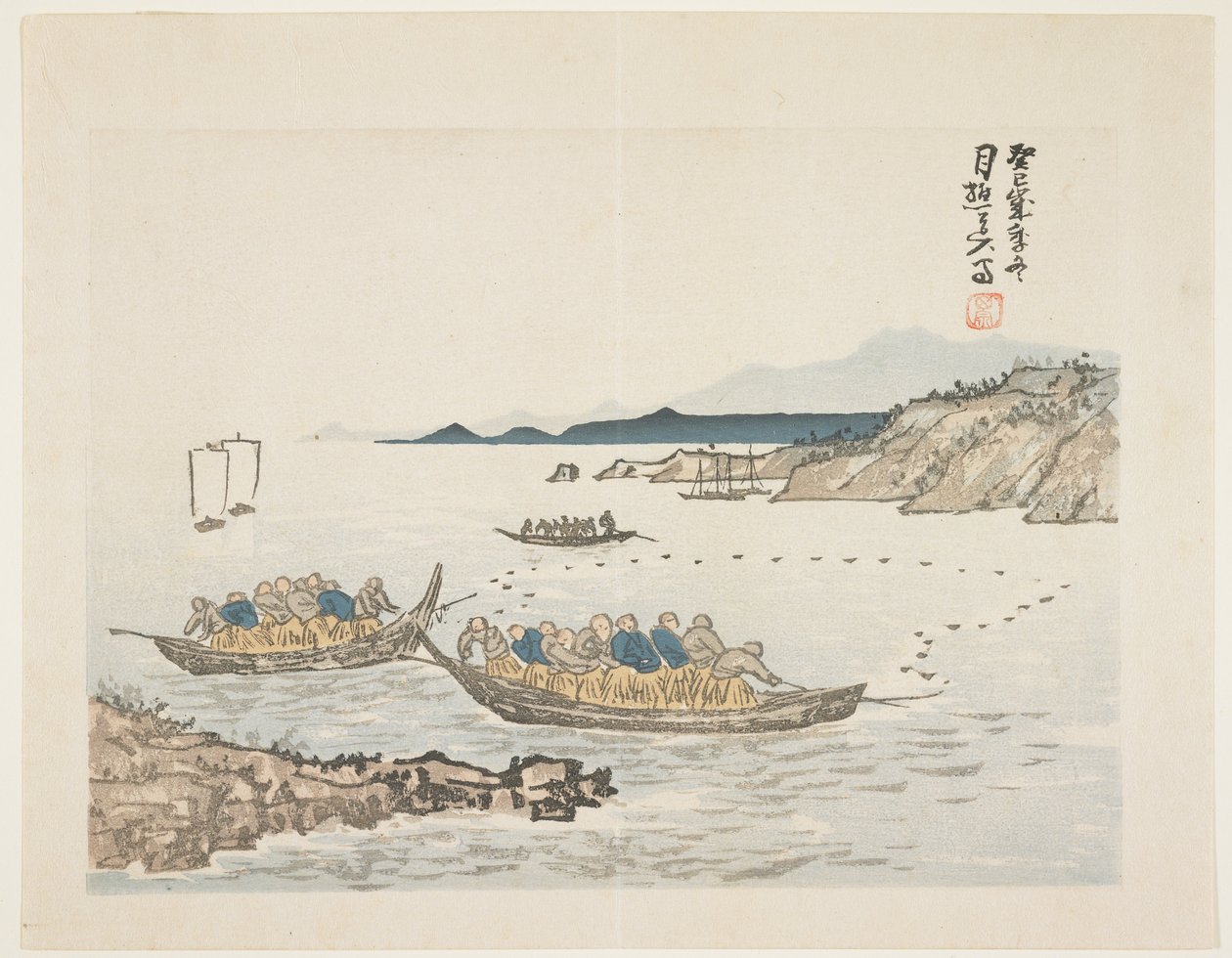 Fiskebåter, 1893 (farget treblokktrykk) av Tamura Gessh