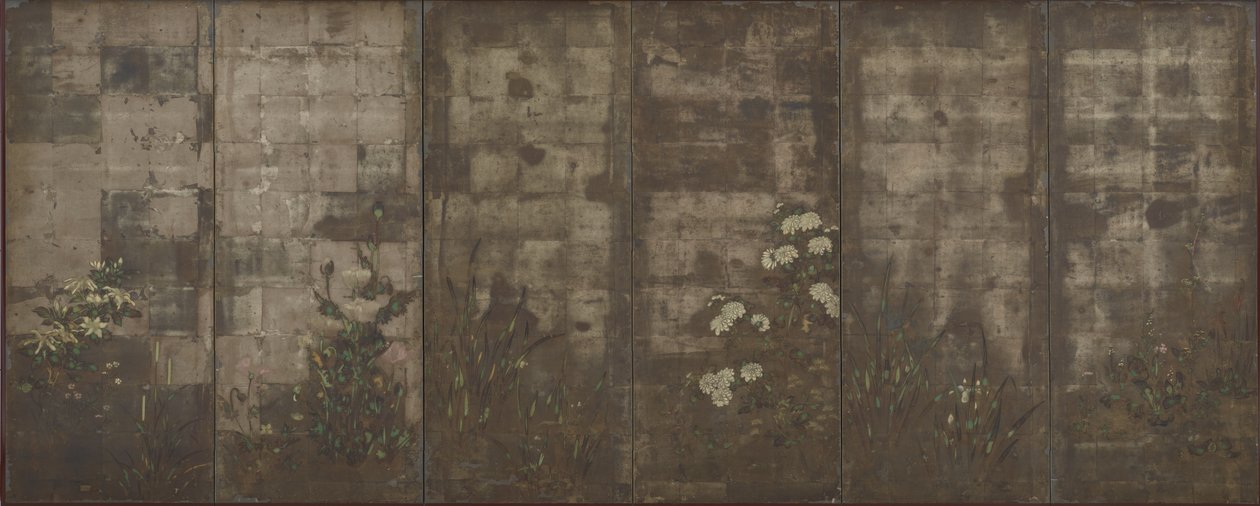 Årtidenes blomster, Skjermer (seks paneler), 1600-30 (farge over sølv på papir) av Tawaraya Sotatsu