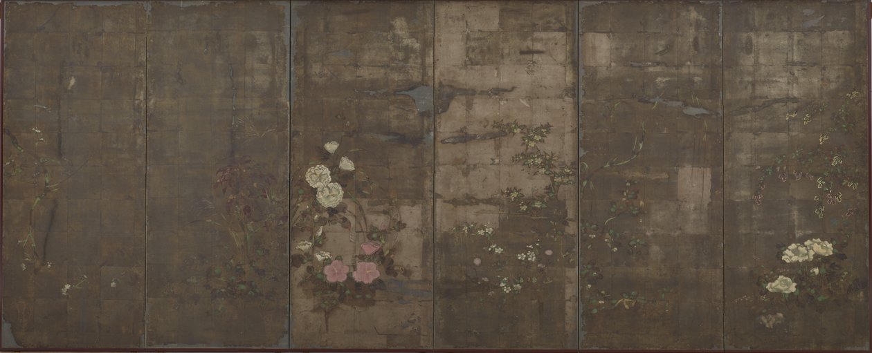 Årtidenes blomster, Skjermer (seks paneler), 1600-30 (farge over sølv på papir) av Tawaraya Sotatsu