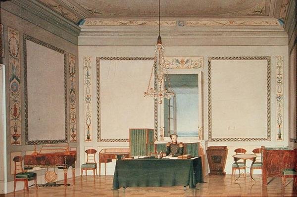 Keiser Alexander I (1777-1825) i palasskontoret, 1820 (wc på papir) av Tchernik Tchernik