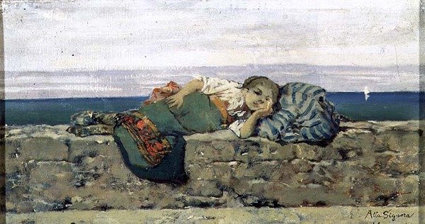 Bondepike liggende på brystning av Telemaco Signorini