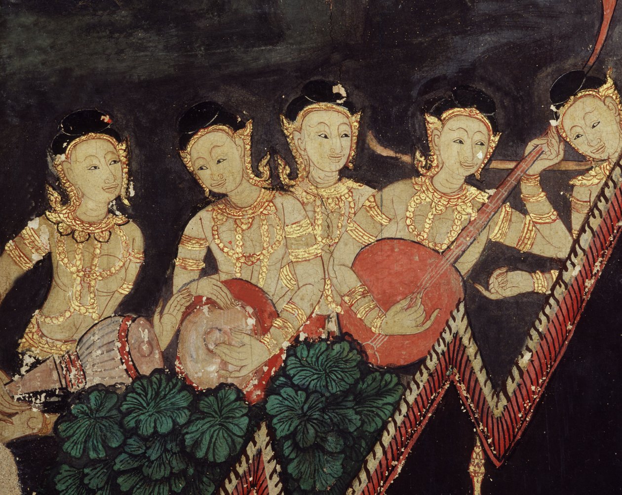 Detalj av himmelske musikere (veggmaleri) av Thai School