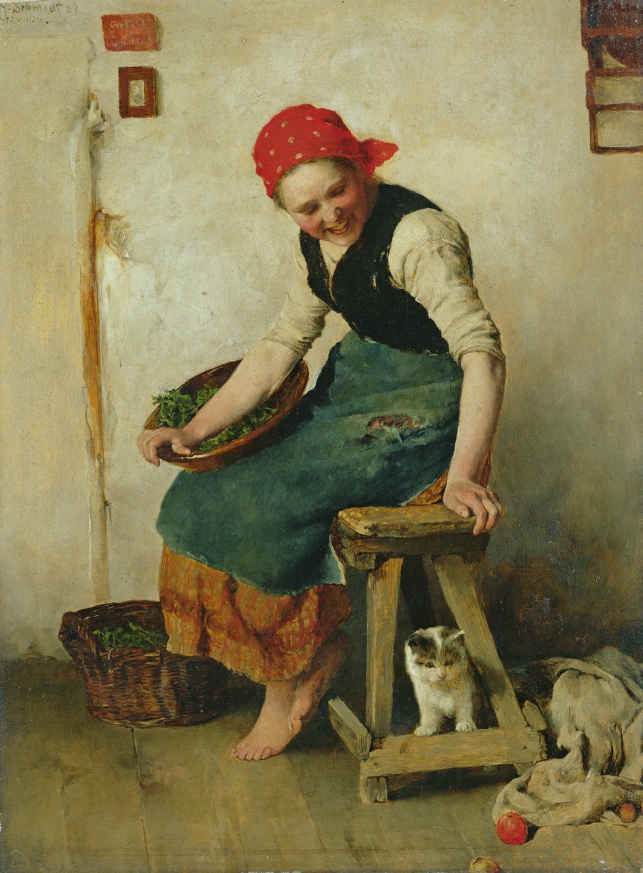 Ung jente med en katt, 1884 (olje på papir) av Theodor Schmidt