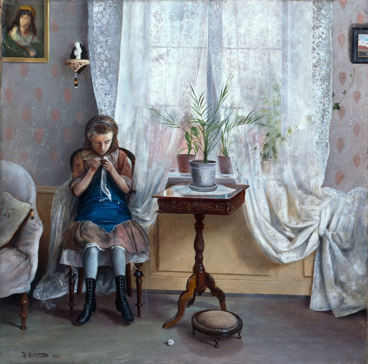 Interiør med jentehekling av Theodor Kittelsen
