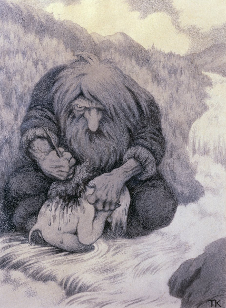 Trollet som vasker ungen sin av Theodor Kittelsen