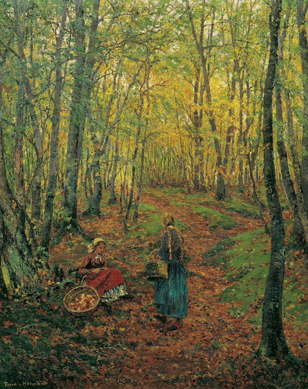 Interiør i skogen med en jente som leter etter sopp av Theodor von Hormann