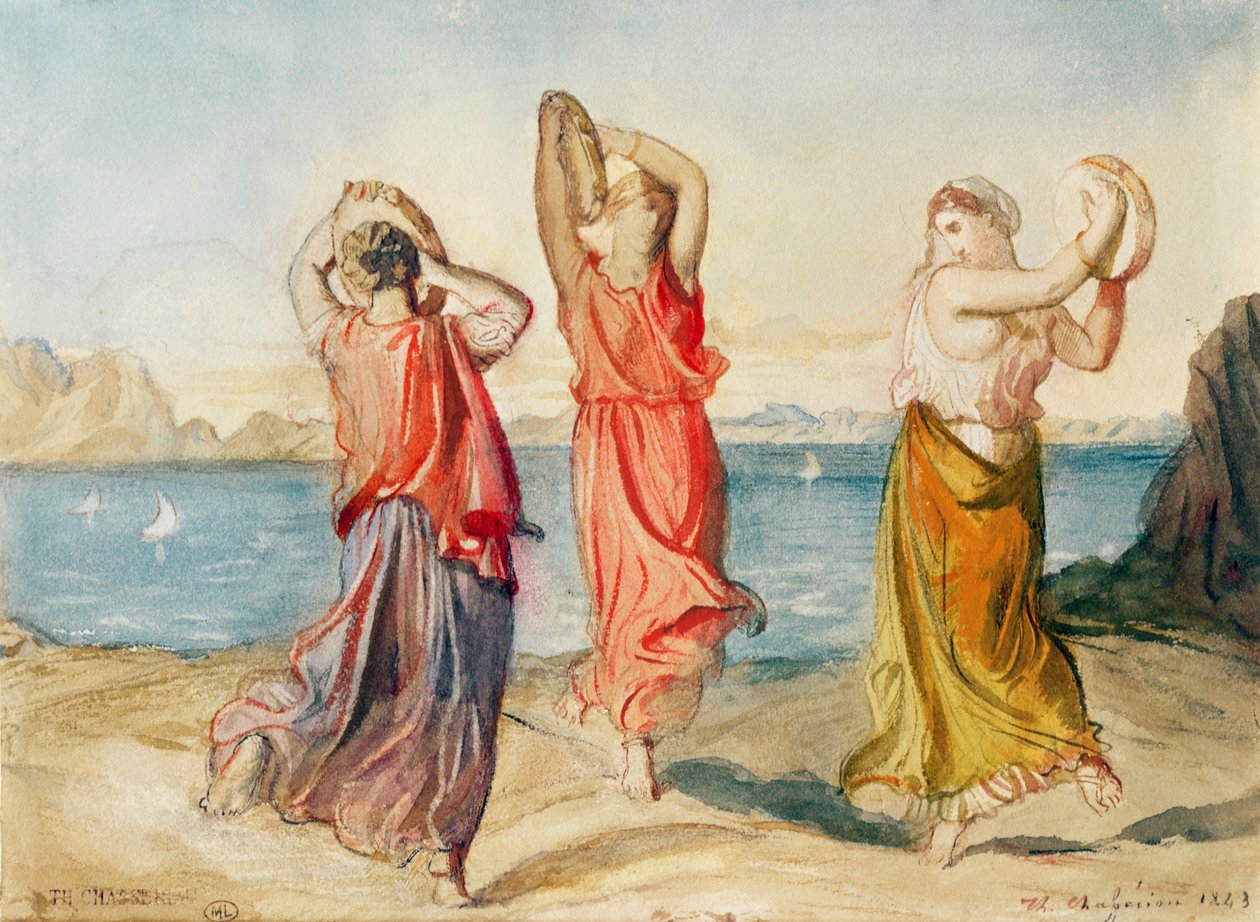 Three Tambourine Dancers, 1843 (blyant- og akvarellvask på papir) av Théodore Chassériau
