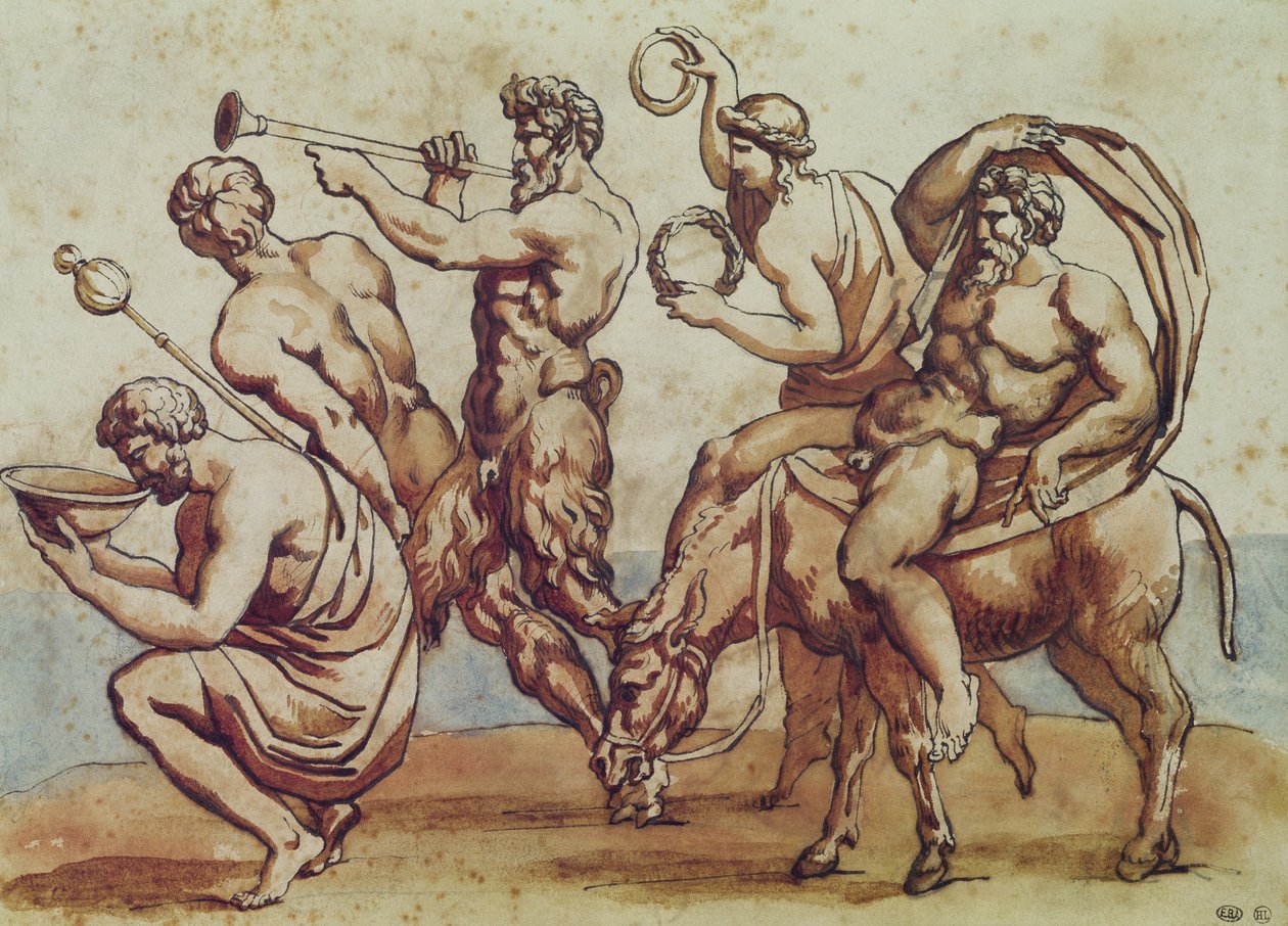 Bacchanal (penn og blekk og brun vask på papir) av Theodore Gericault