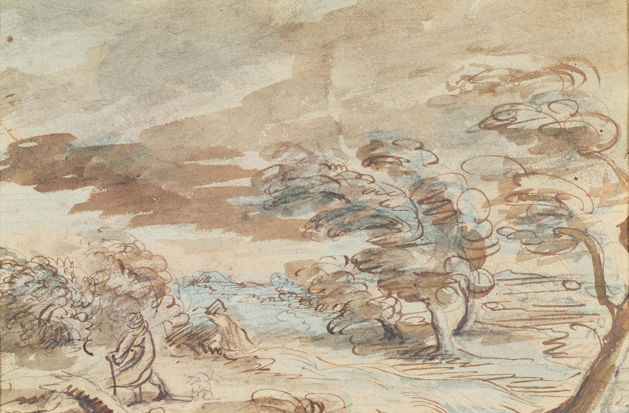 Landskap (penn- og blekkvask på papir) av Theodore Gericault