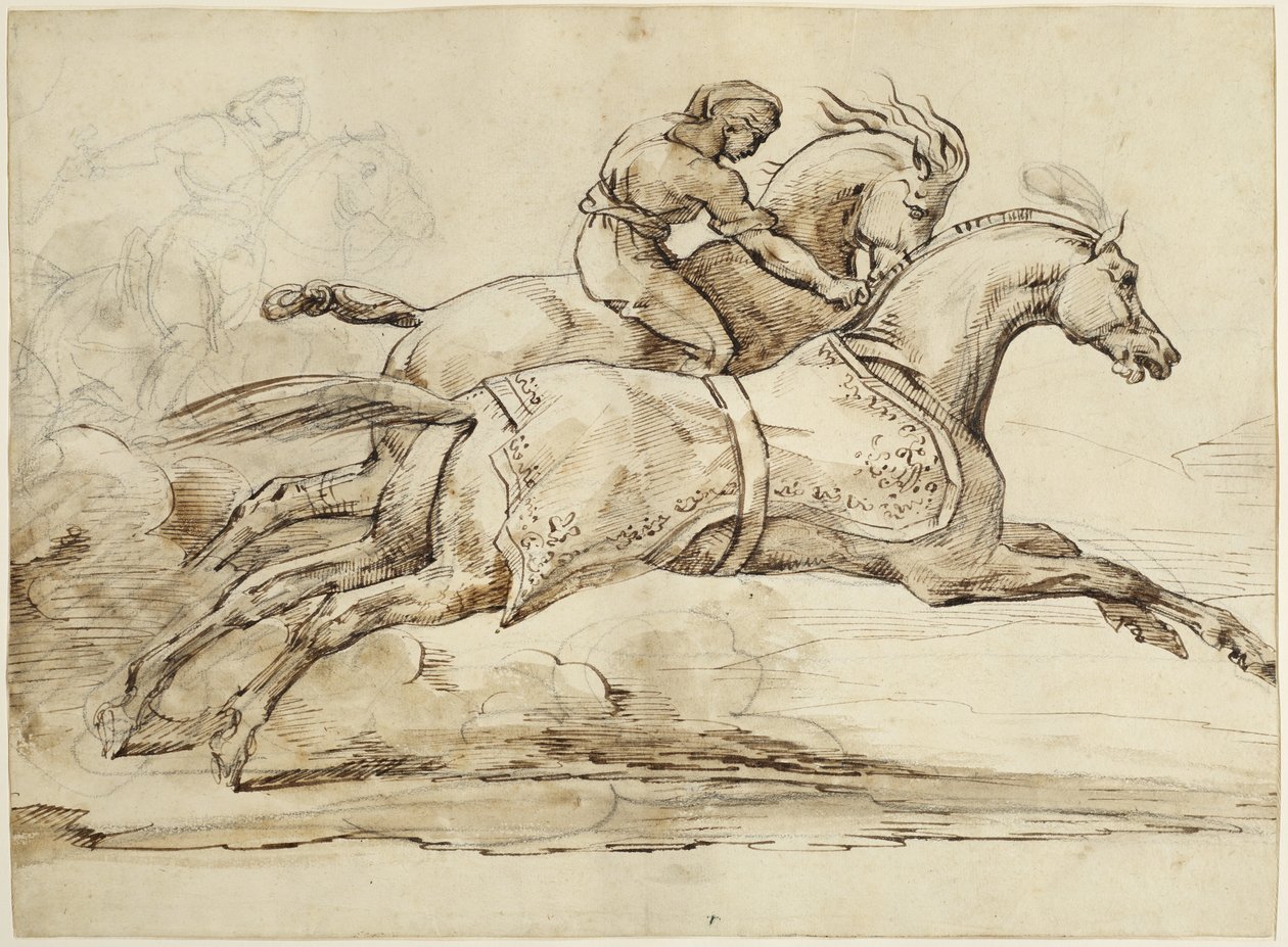 Scene fra Race of the Barberi Horses (brunt blekk og grafitt på lagt papir foret med vev) av Theodore Gericault