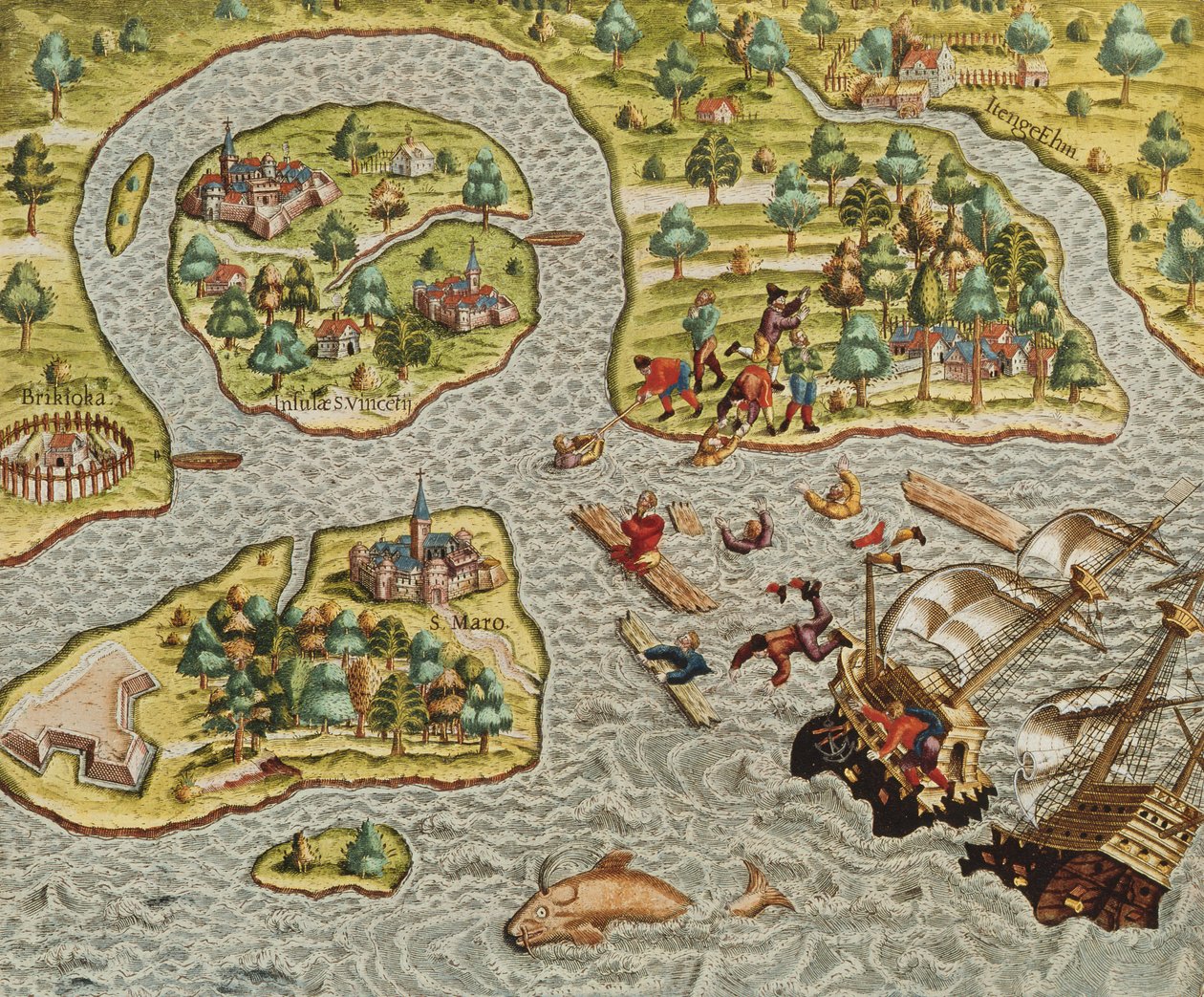 Et skipsvrak utenfor en barbarisk kyst, fra Americae Tertia Pars.., 1562 av Theodore de Bry