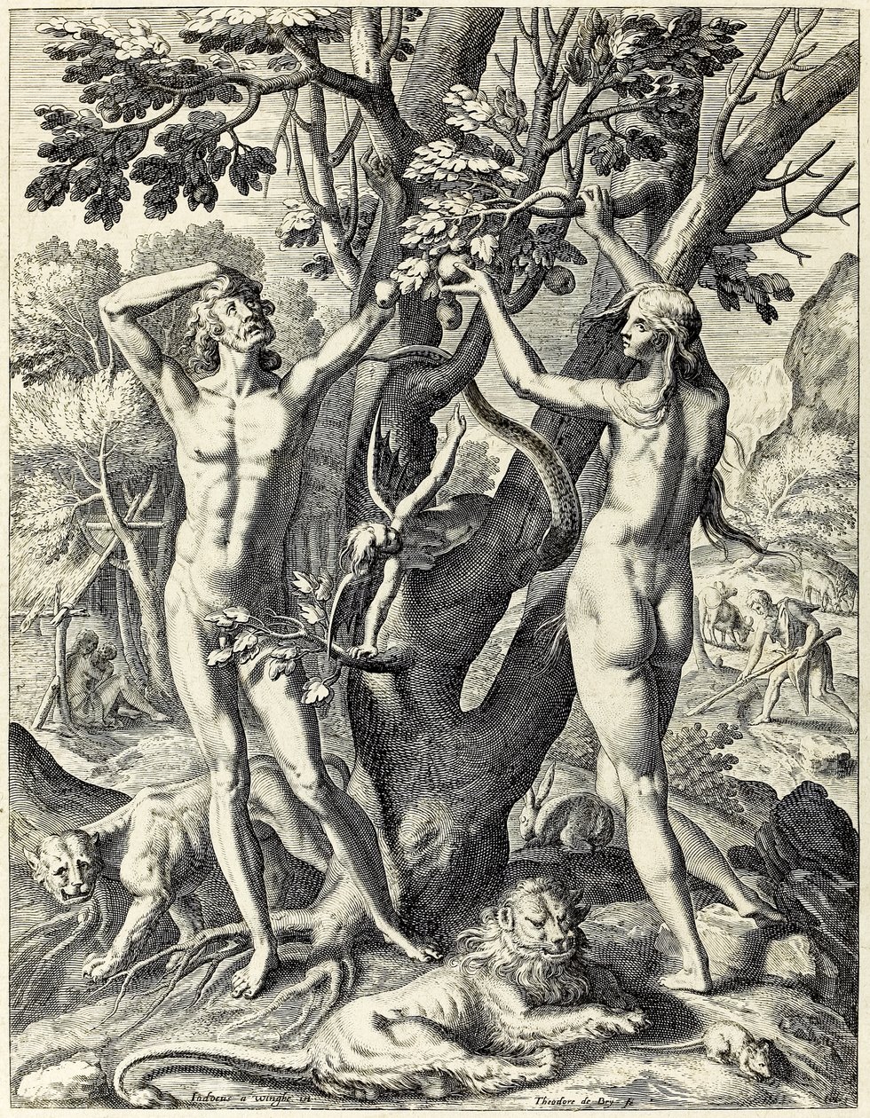 Adam og Eva i Edens hage av Theodore de Bry