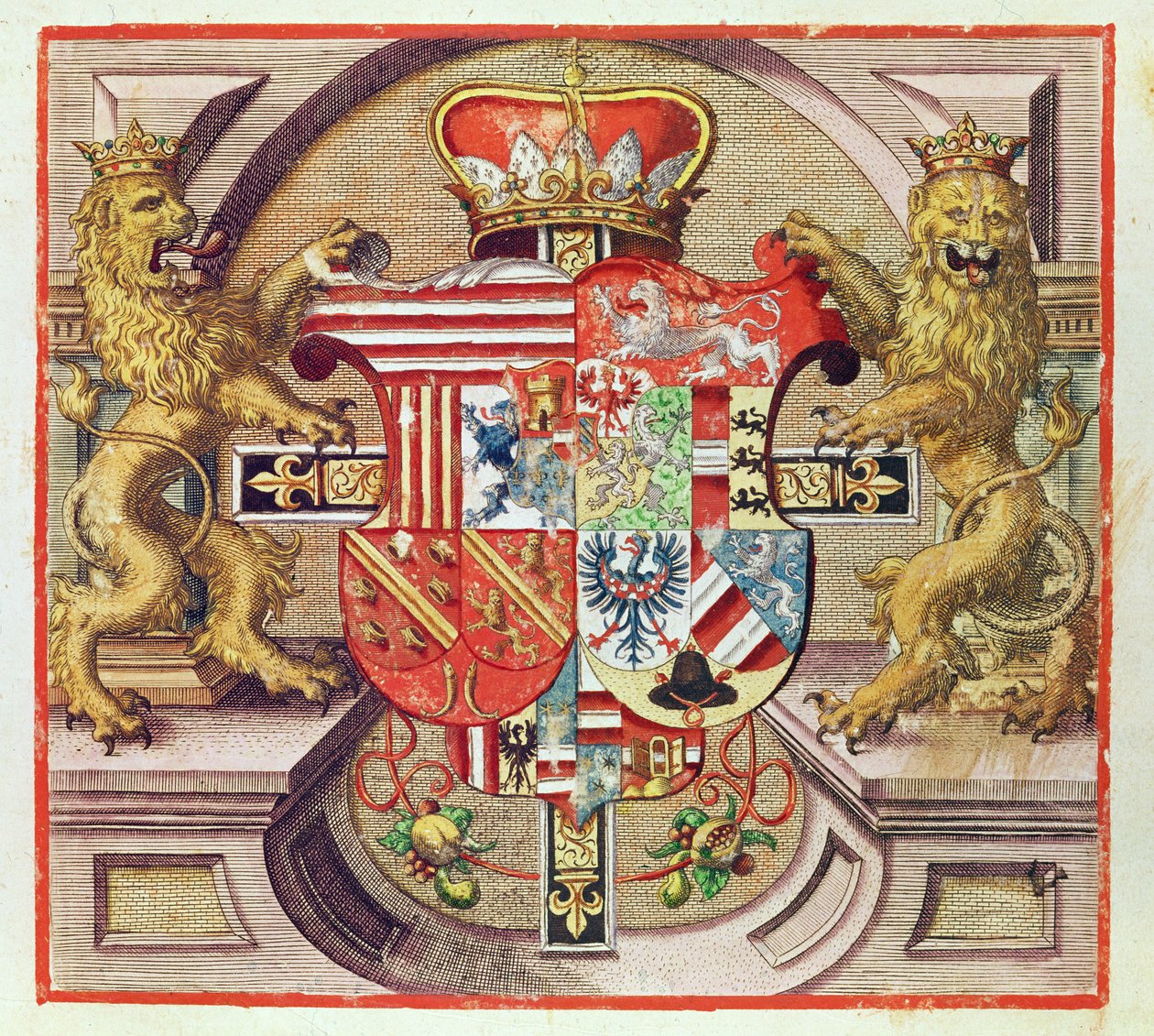 Admiranta Narratio..., Armorial Engraving (side 3), 1585-1588 (fargegravering) av Theodore de Bry