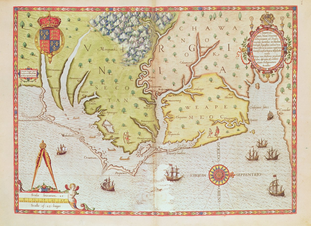 Admiranta Narratio... Kart over Virginia (side 44-45), 1585-1588 (fargegravering_ av Theodore de Bry