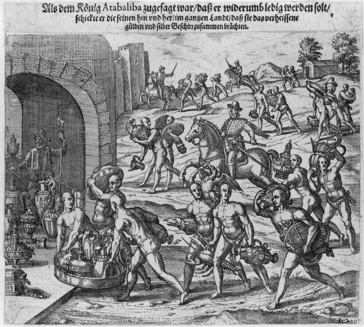 Løsepengene kong Atahualpa (ca. 1502-33) tilbød Francisco Pizarro, 1533 av Theodore de Bry