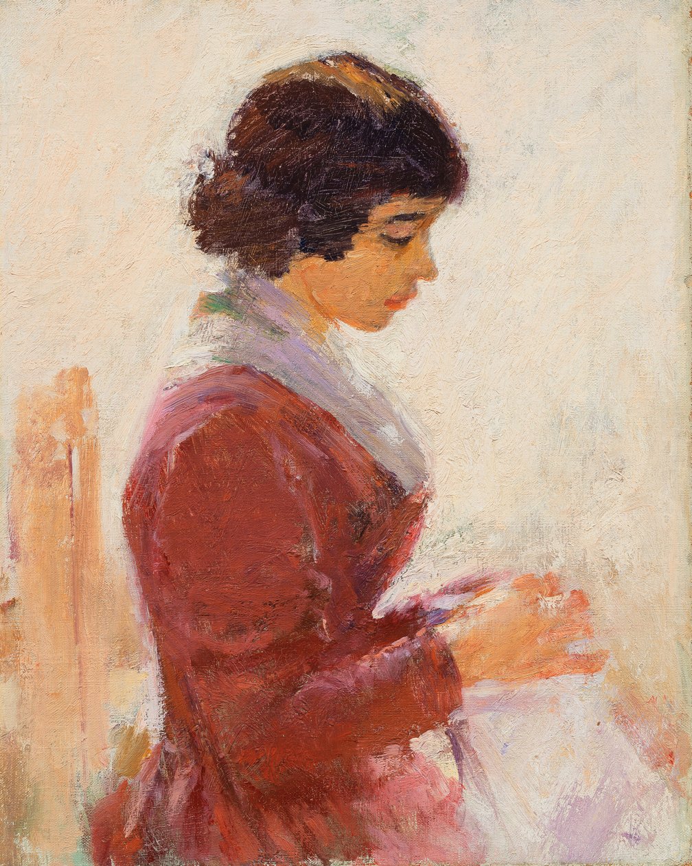Jente i rødt, sying, av Theodore Robinson