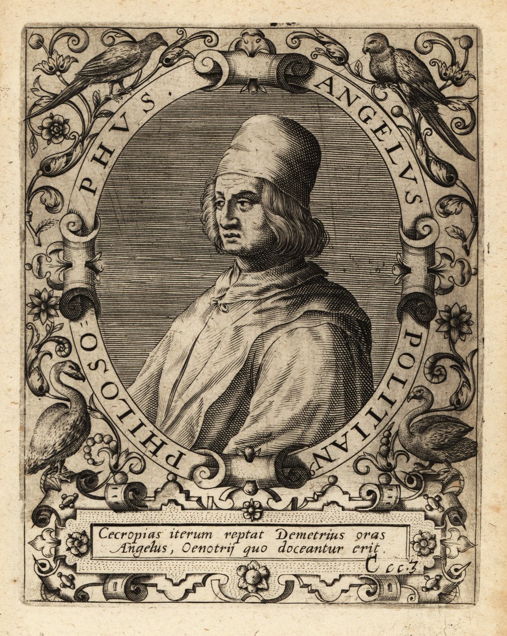 Poliziano , italiensk klassisk lærd. av Theodore de Bry