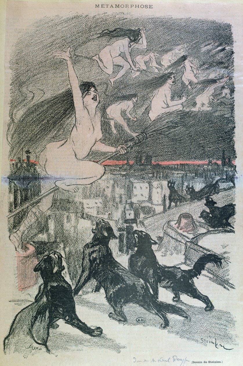 Metamorfose - svarte katter som forvandler seg til hekser, sent på 1800-tallet av Théophile Alexandre Steinlen