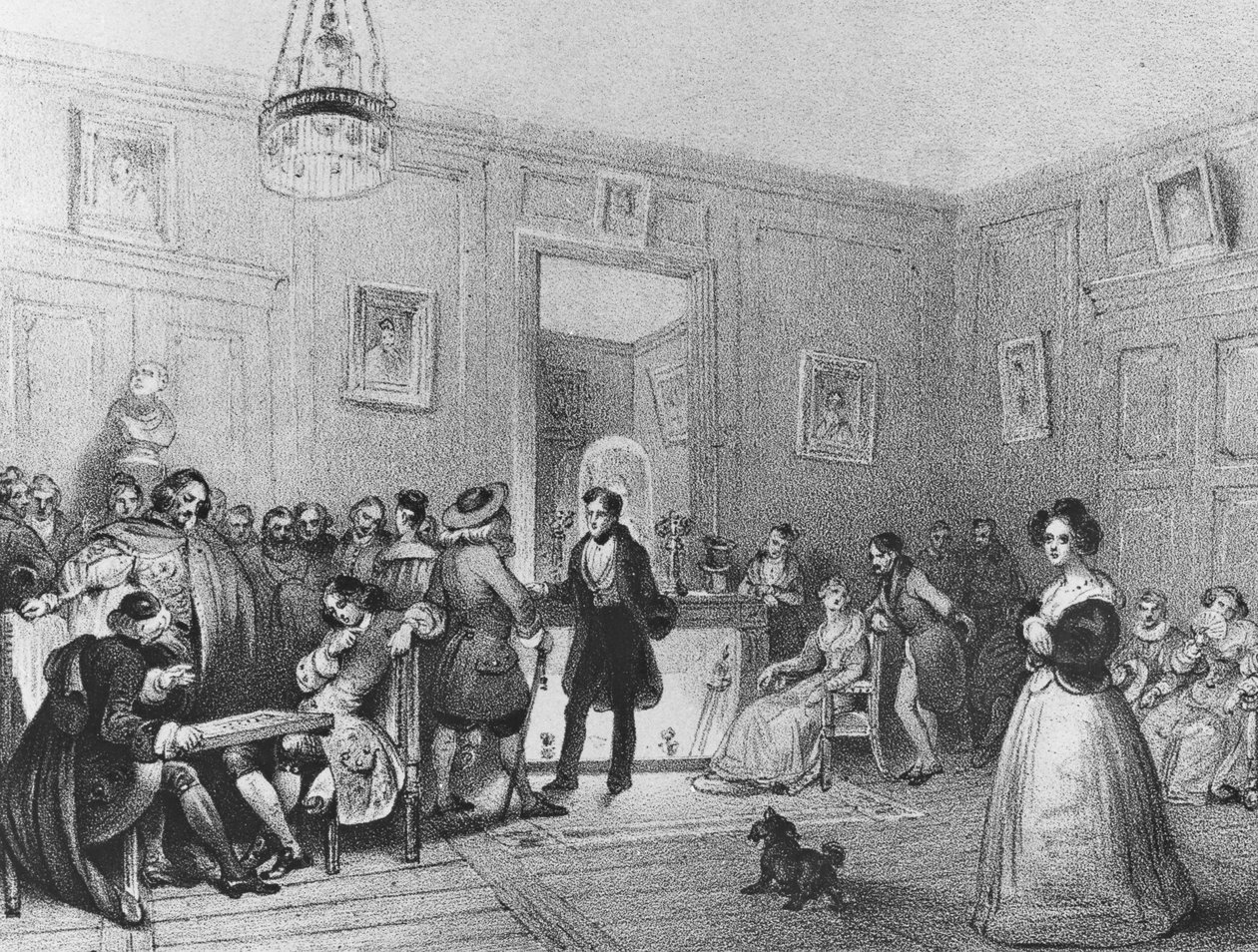 Skuespillernes foaje på Théâtre Français, gravert av Pierre Joseph Challamel, ca. 1850-tallet av Theophile Evariste Fragonard