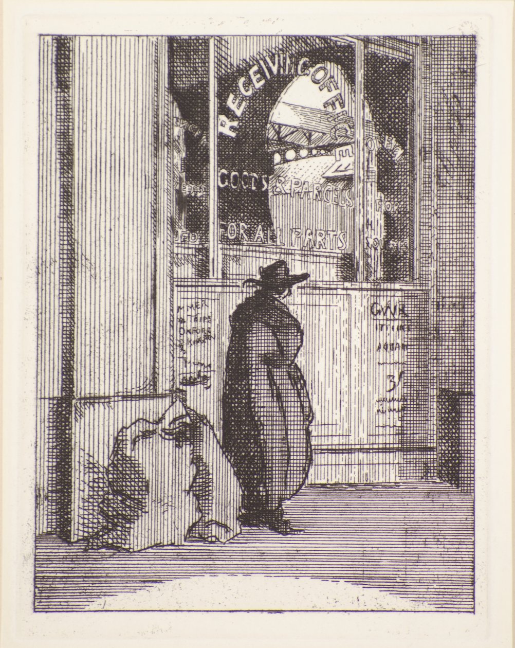 Pakkekontor, 1900-tallet (etsing) av Therese Lessore