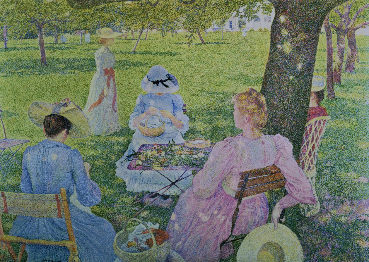 Familie i frukthagen, 1890 av Théo van Rysselberghe