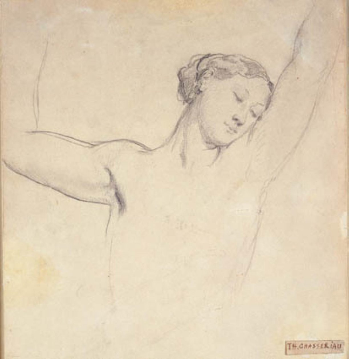 Kvinnemodell, halvfigur med hevede armer av Théodore Chassériau