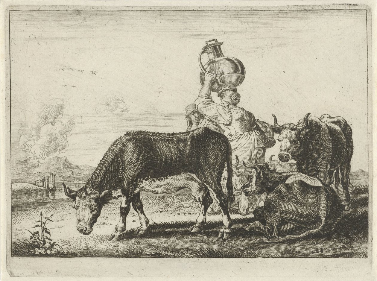 Kyr og to melkepiker av Théodorus van Kessel