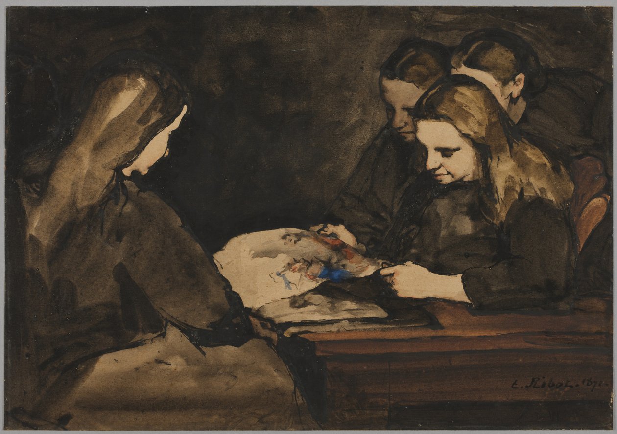 Fire jenter studerer en tegning, 1876. av Auguste Theodule Ribot