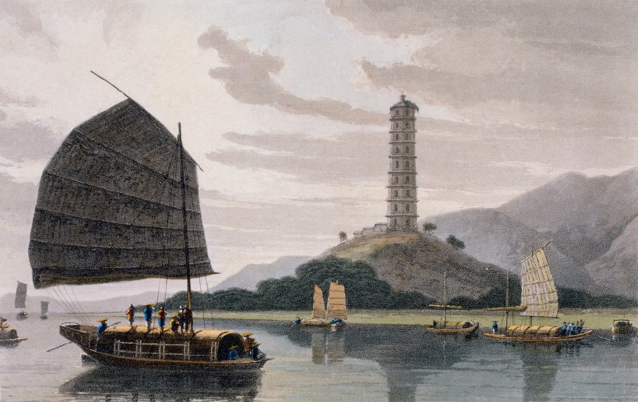 Wham Poa Pagoda, med båter som seiler foran, fra 