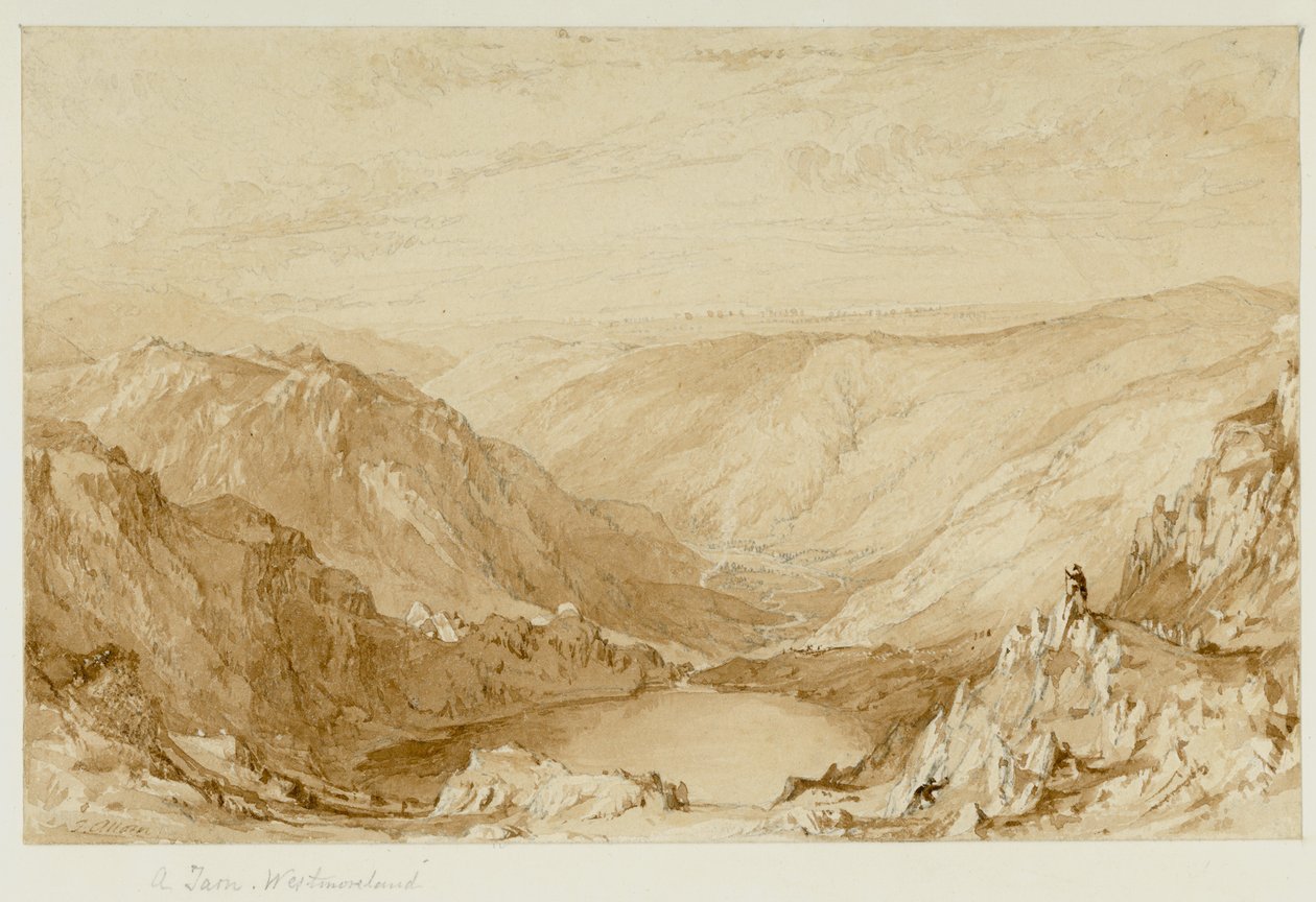 A Tarn, Westmorland (Small Water Tarn fra Nanbield, Looking into Mardale) (blyant og akvarell (sepia) på papir) av Thomas Allom