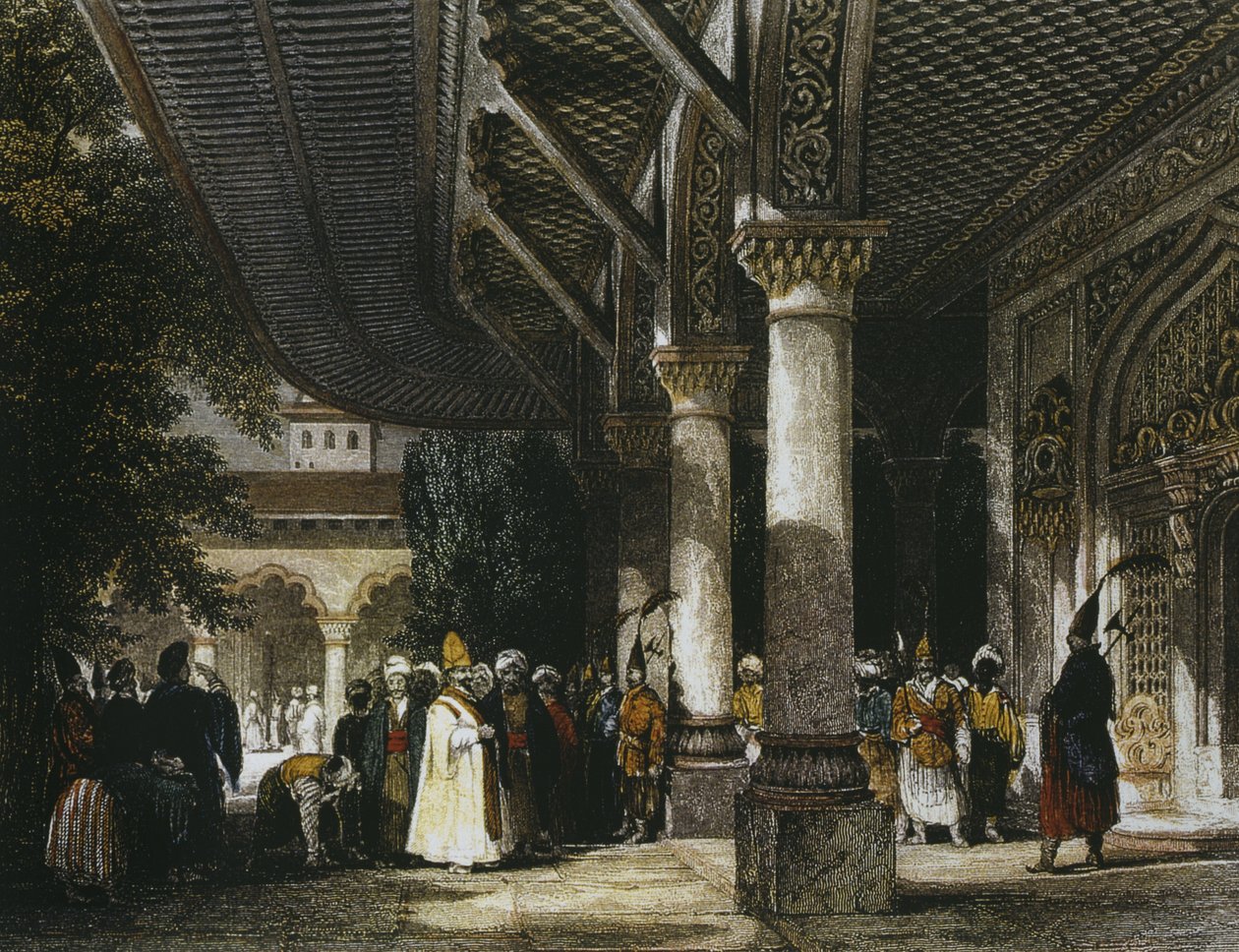 Interiør av Topkapi-palasset med Felicity-porten (Bab-i-Saadet) Istanbul, 1839 (fargegravering) av Thomas Allom