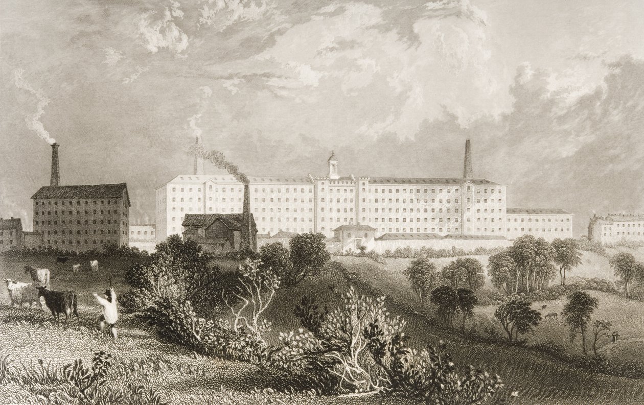 Swainson Birley und Co.-fabrikk nær Preston, Lancashire, gravert av James Tingle (fl. 1830-60) ca. 1833 av Thomas Allom