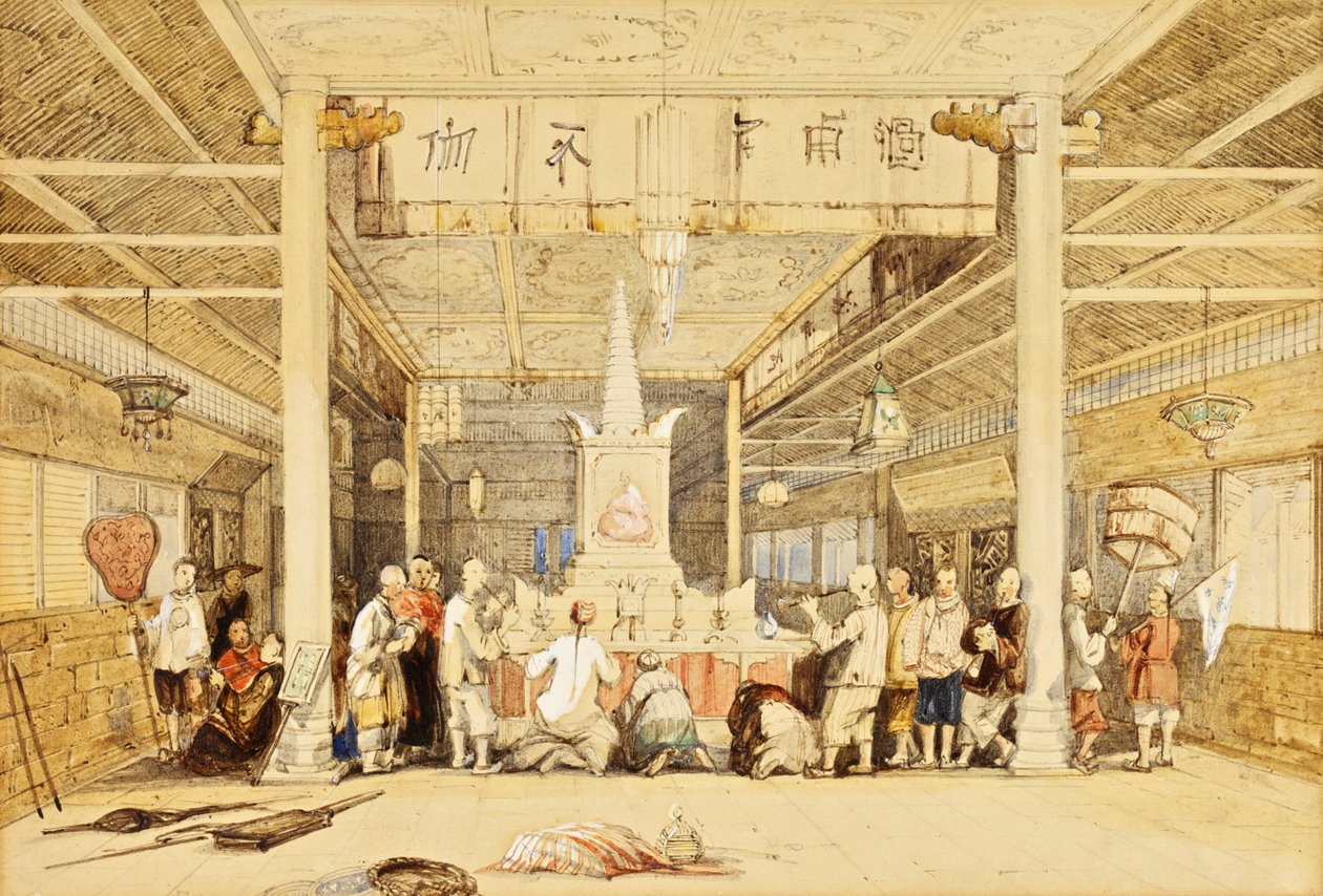 Temple of Buddha, Canton, ca. 1850 (penn og blekk, blyant, vask, forhøyet med hvitt på papir) av Thomas Allom