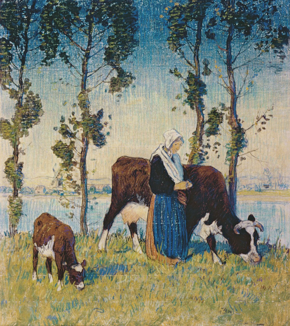Kvinne med ku og kalv (pastell) av Thomas Austen Brown