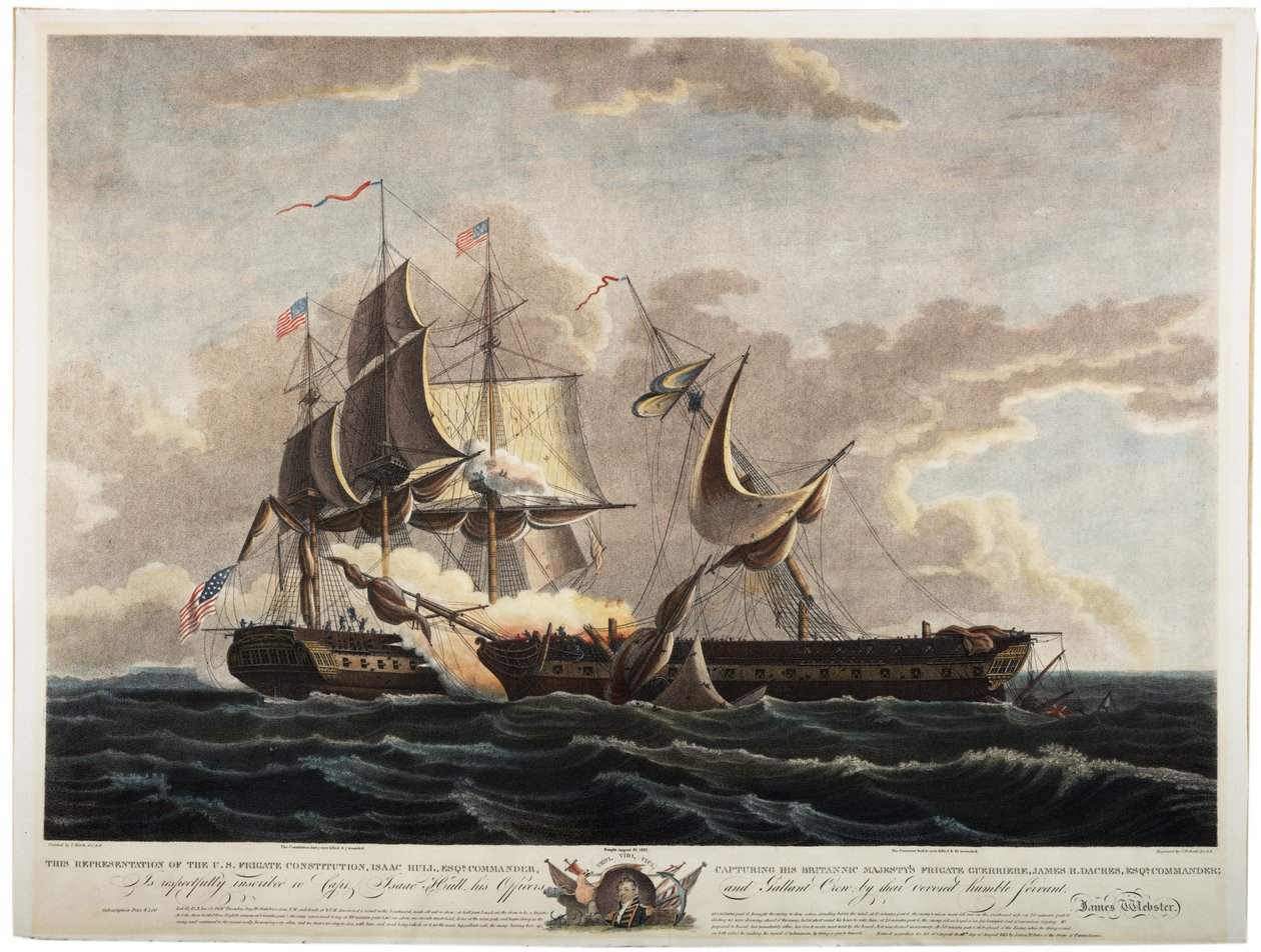 U.S.S fregattkonstitusjon som fanger fregatt Guerriere, 1813 (håndfarget gravering) av Thomas Birch