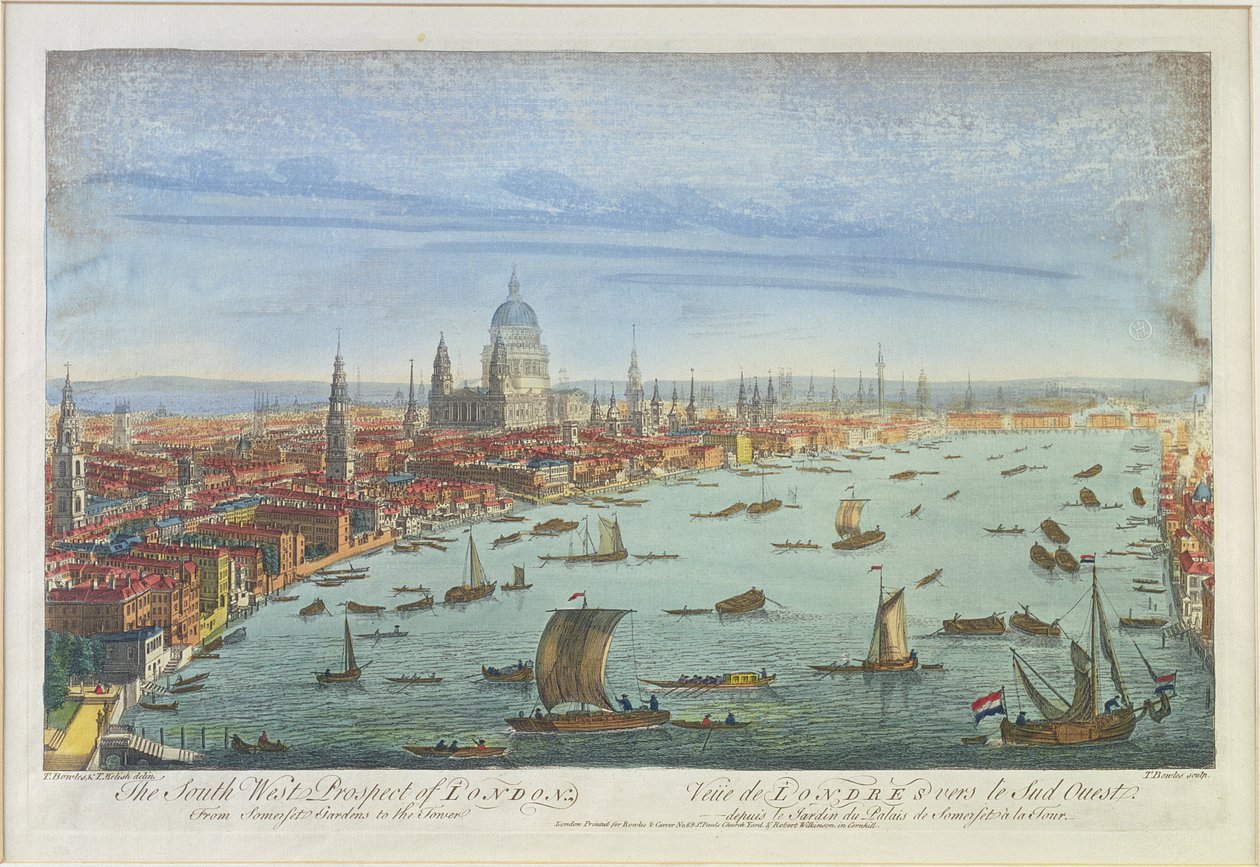 South West Prospect of London, fra Somerset Gardens til Tower (fargelitografi) av Thomas Bowles